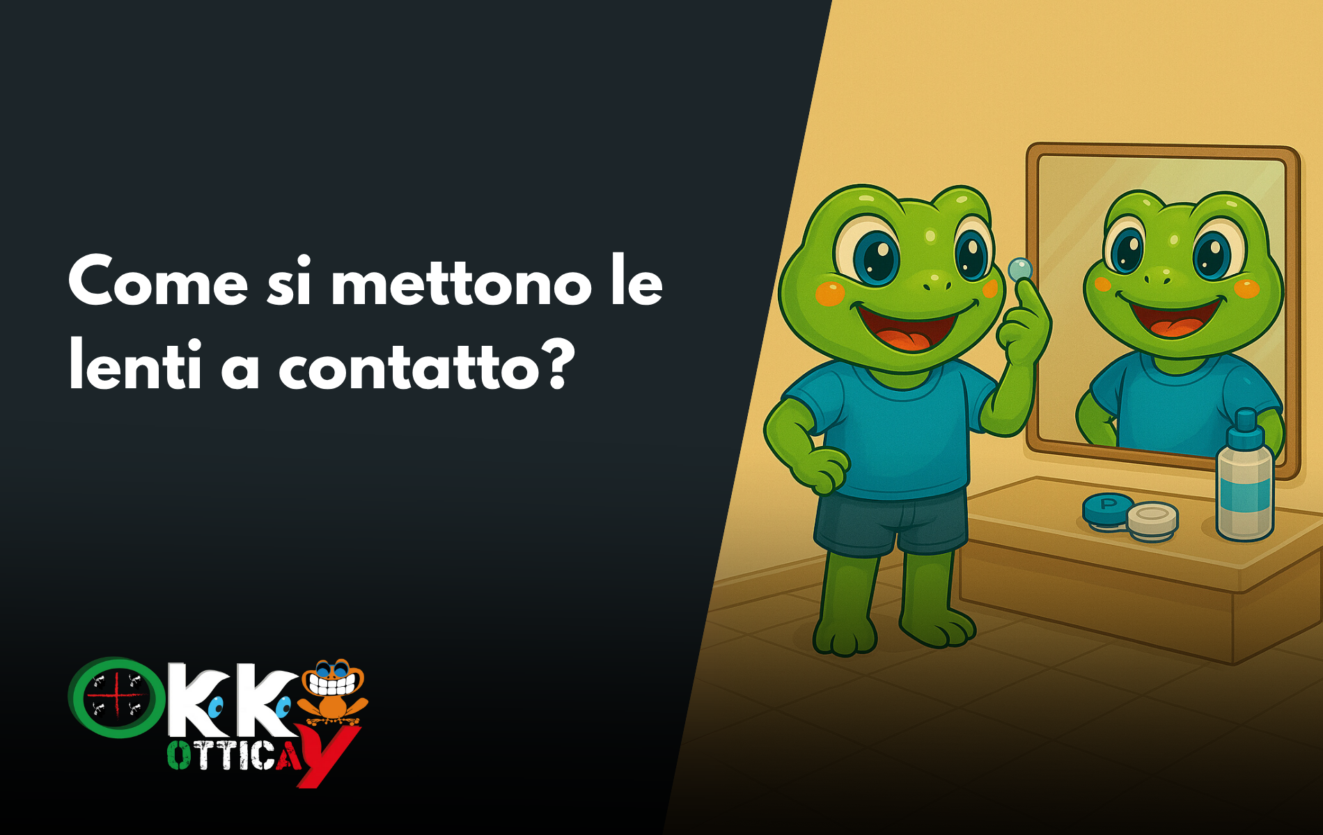 Come-mettere-lenti-contatto Una rana che indossa le lenti a contatto di fronte allo specchio.