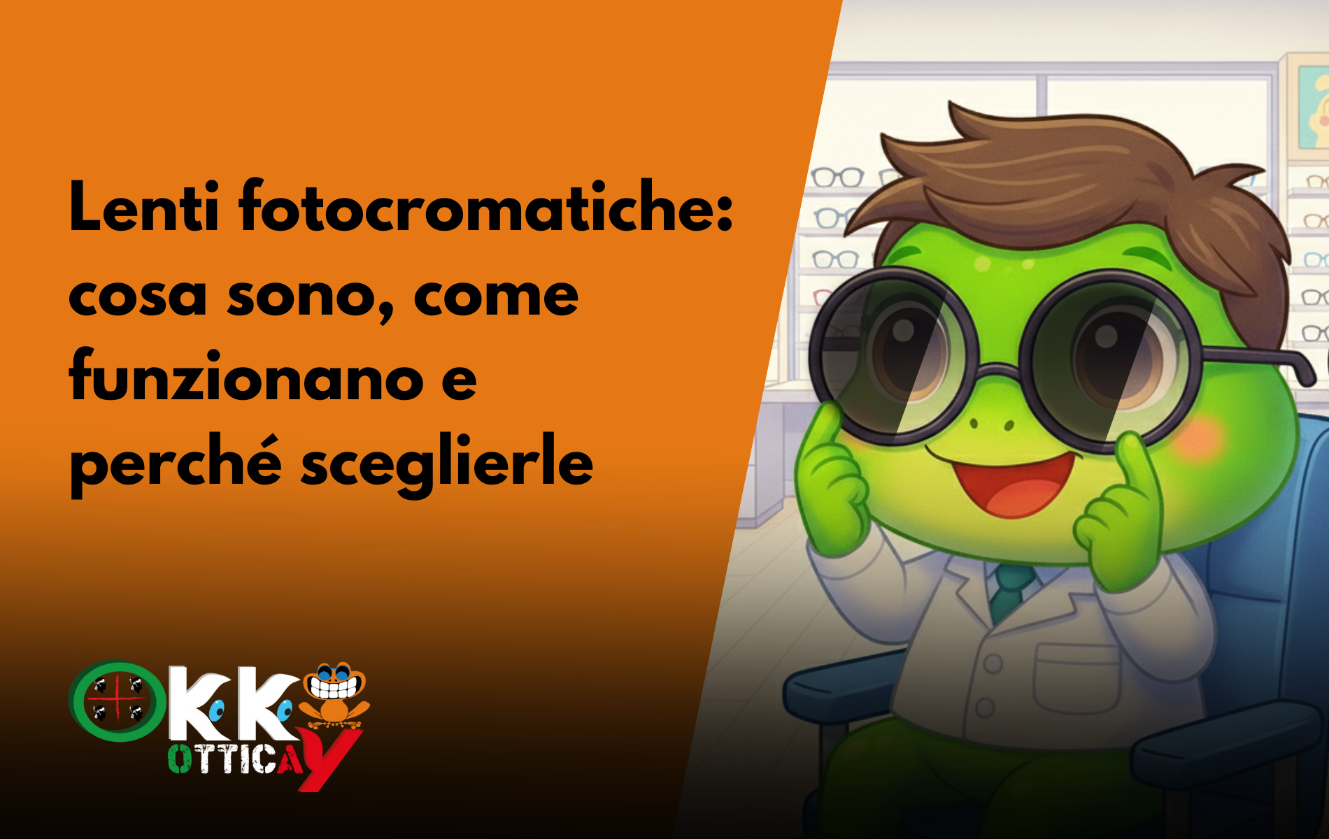 Lenti fotocromatiche (1) rana che indossa degli occhiali con lenti fotocromatiche