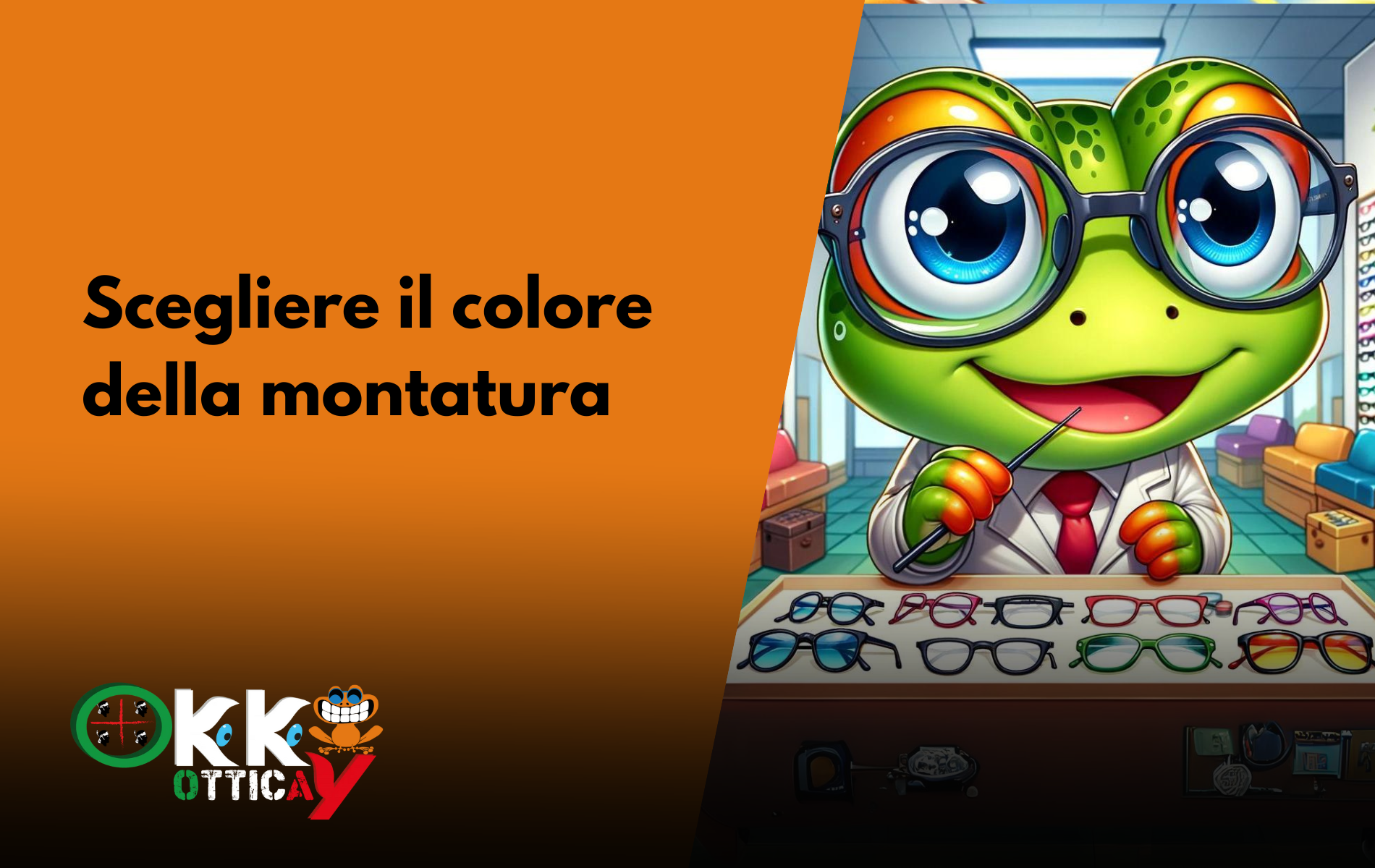 Scegliere il colore della montatura Rana che sceglie gli occhiali da una teca