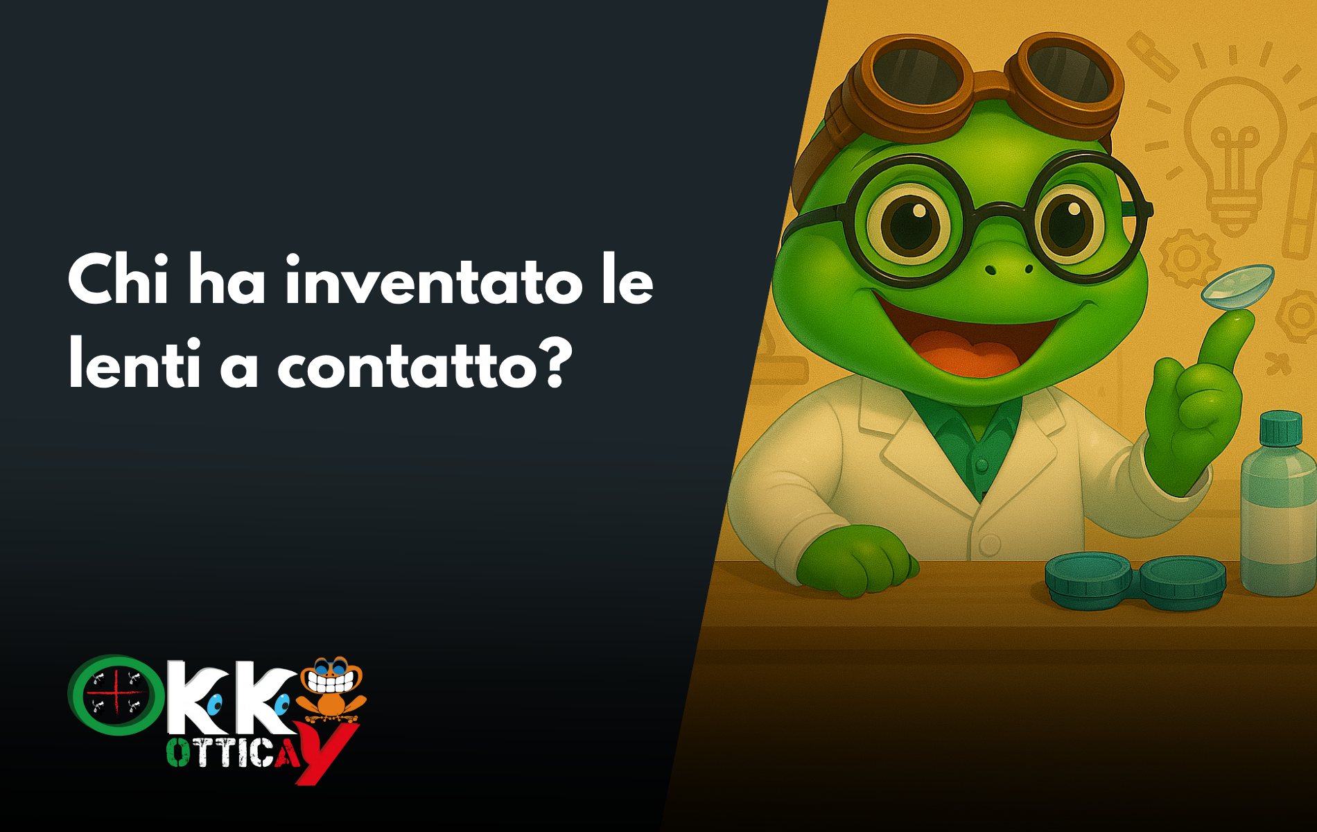 Una rana scienziato che tiene una lente a contatto sopra il suo indice