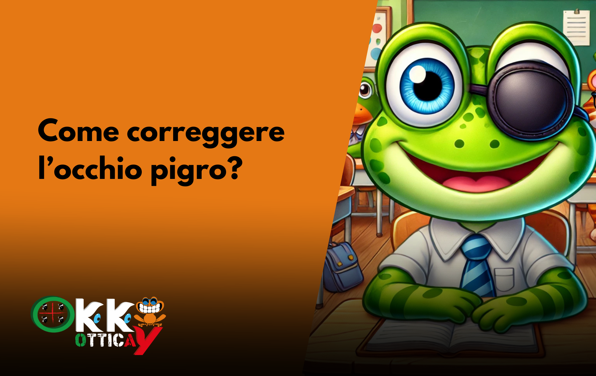 come-corregge-occhio-pigro Rana con benda sull'occhio tra i banchi di scuola.