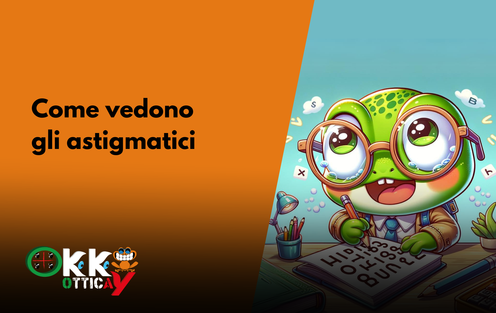 Rana con occhiali tondi che rappresenta come vedono gli astigmatici.