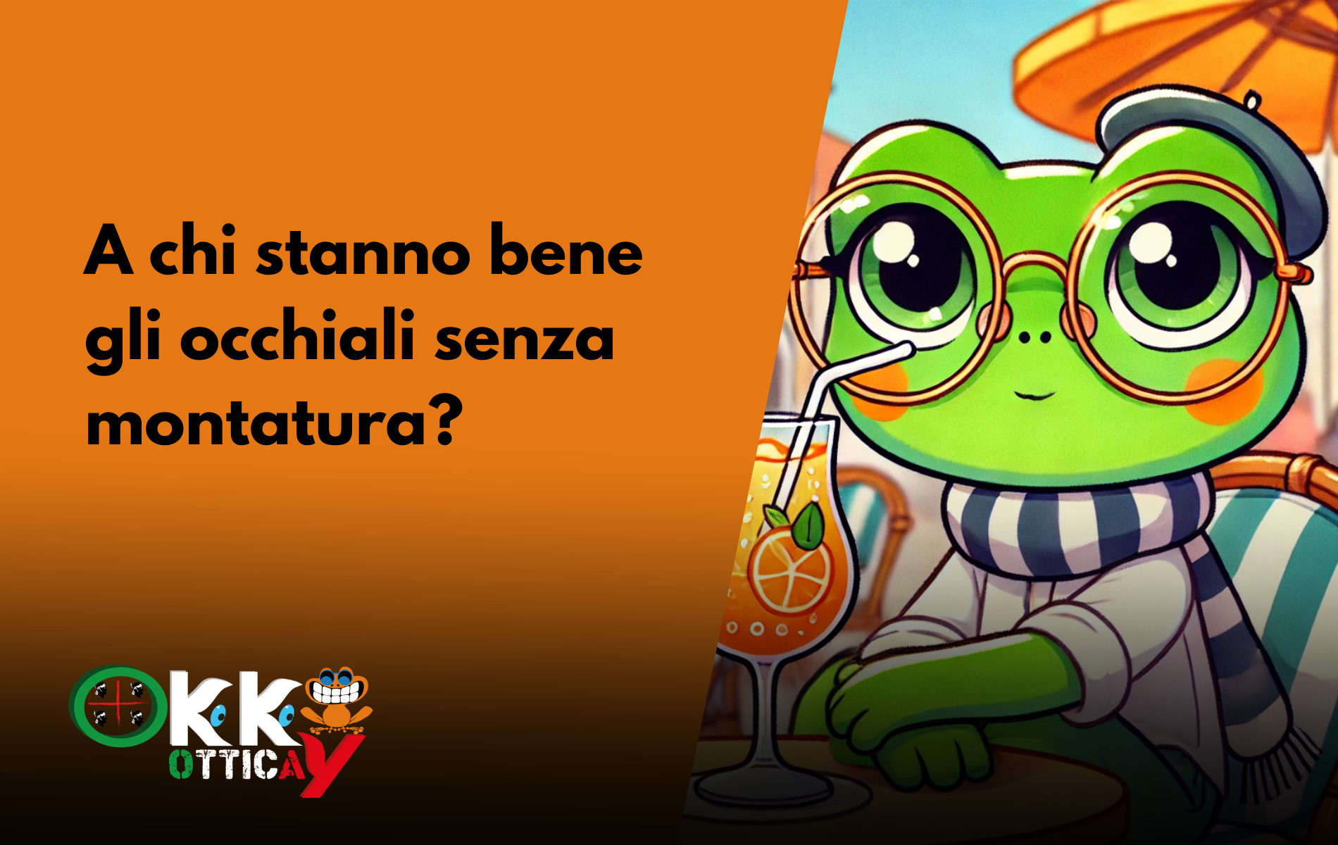 Ranocchia che beve il suo spritz indossando gli occhiali senza montatura.